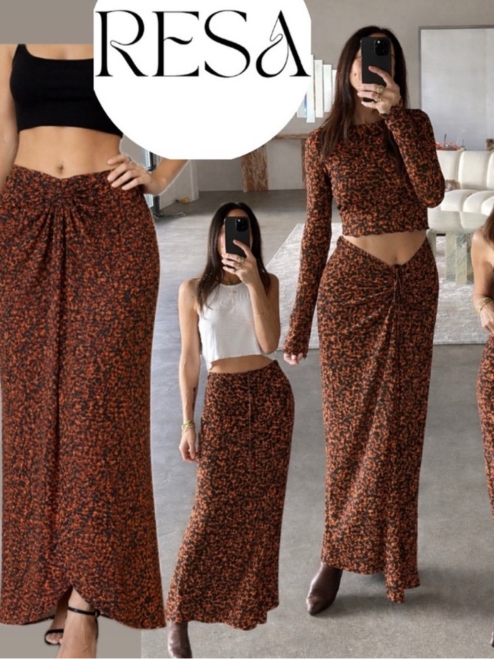 RESA Ziggy Skirt in Monaco Satin Tortoise Shell Print Maxi XS